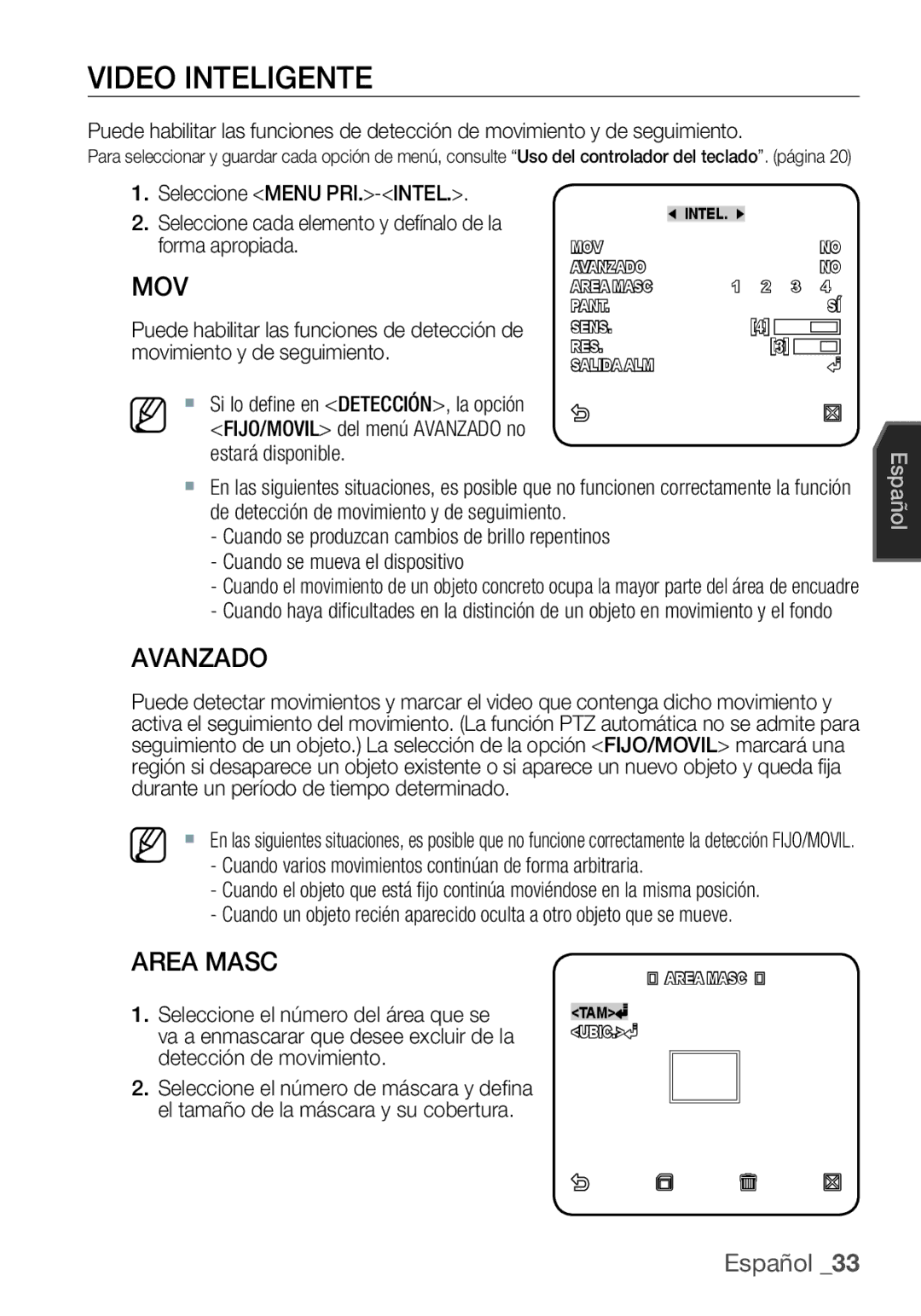 Samsung SCC-C6453P manual Video Inteligente, Avanzado, Area Masc 