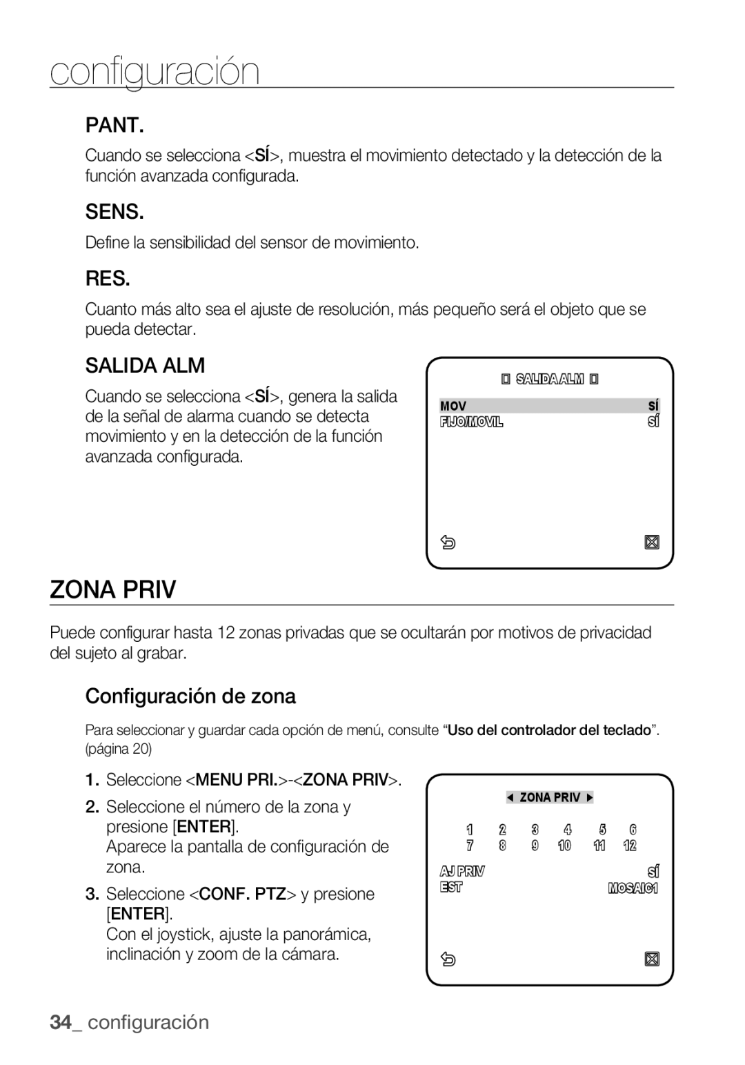 Samsung SCC-C6453P manual Zona Priv, Pant, Sens, Res, Salida ALM 