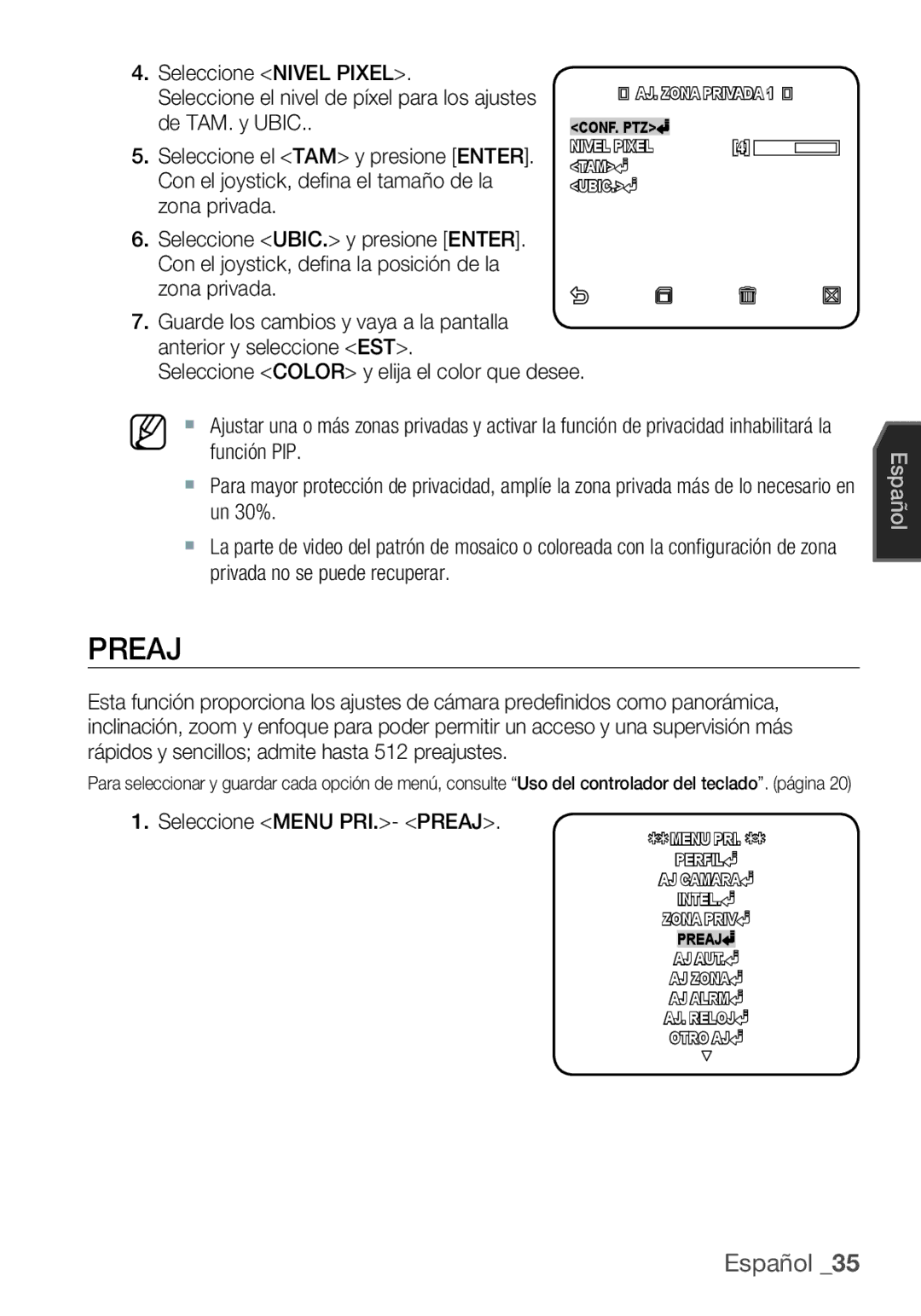 Samsung SCC-C6453P Preaj, De TAM. y Ubic, Seleccione el TAM y presione Enter, Con el joystick, deﬁ na el tamaño de la 