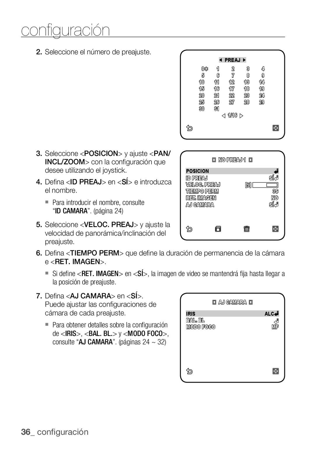 Samsung SCC-C6453P manual Seleccione el número de preajuste, Deﬁ na ID Preaj en SÍ e introduzca el nombre 