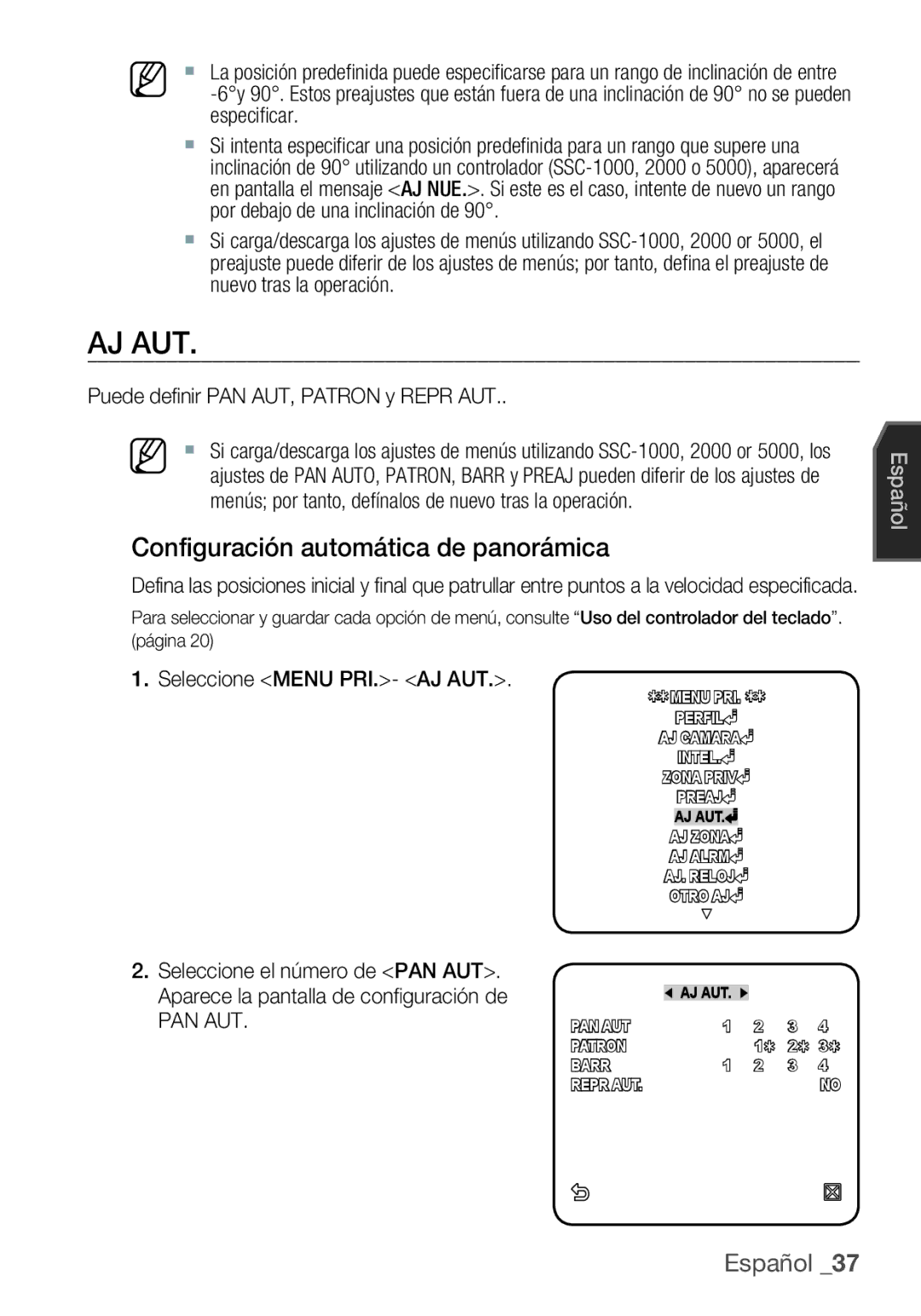 Samsung SCC-C6453P manual Aj Aut, Configuración automática de panorámica, Pan Aut 