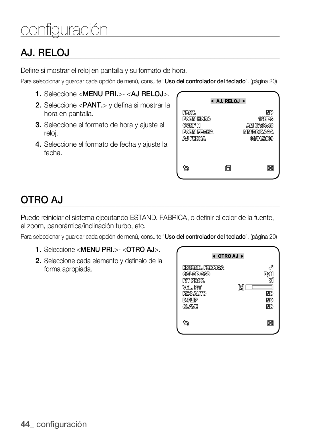 Samsung SCC-C6453P manual AJ. Reloj, Otro AJ, Define si mostrar el reloj en pantalla y su formato de hora 