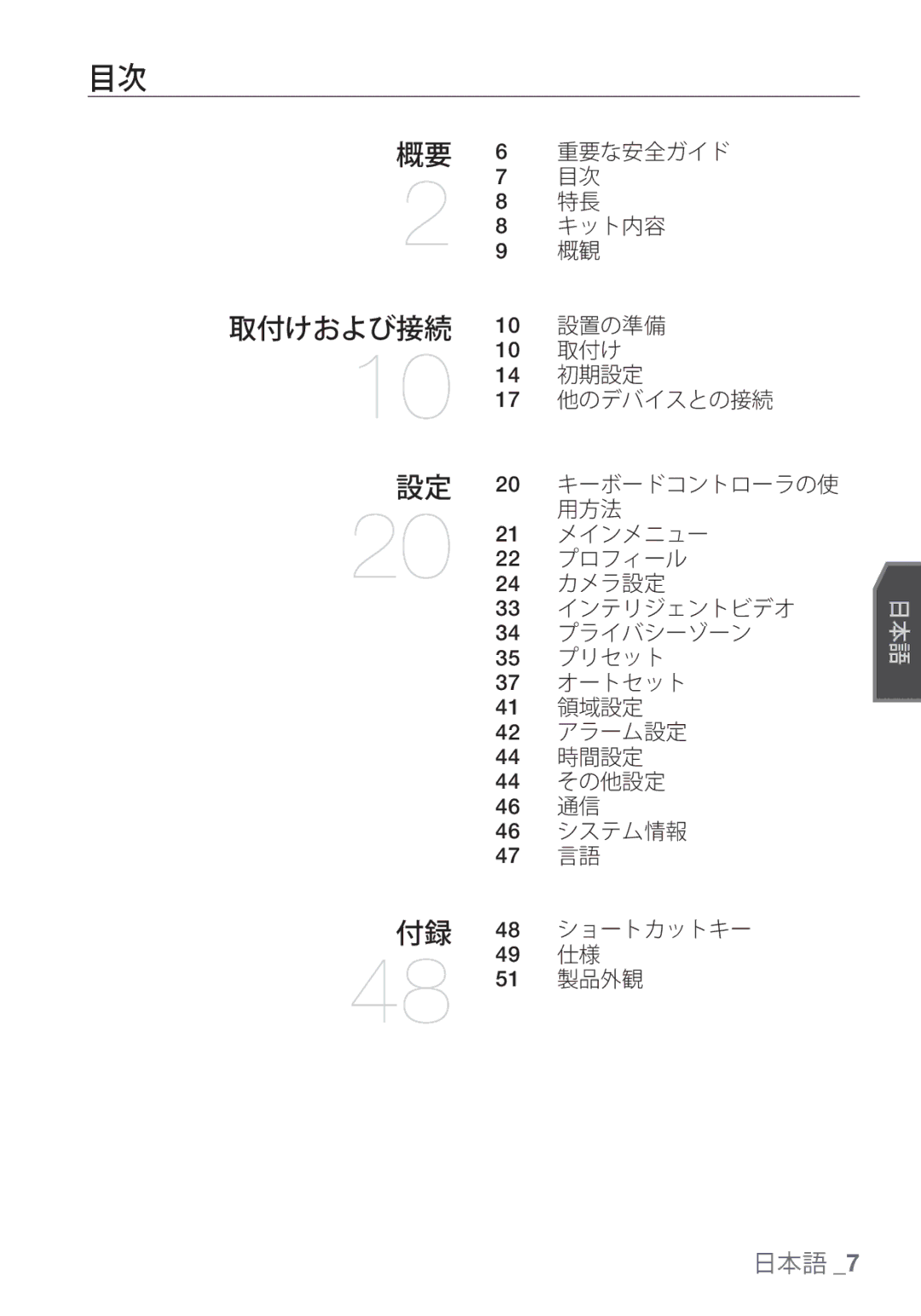 Samsung SCC-C6453P 重要な安全ガイド, キット内容, 設置の準備, 取付け, 初期設定, 他のデバイスとの接続, キーボードコントローラの使, 用方法, メインメニュー, プロフィール, カメラ設定, インテリジェントビデオ 