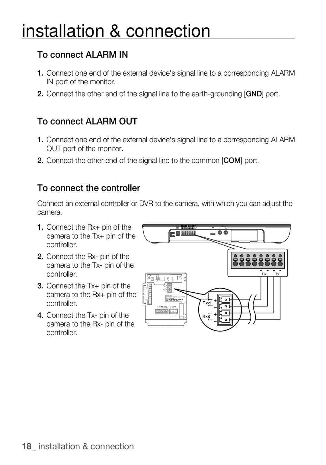 Samsung SCC-C6453P manual To connect Alarm OUT, To connect the controller 