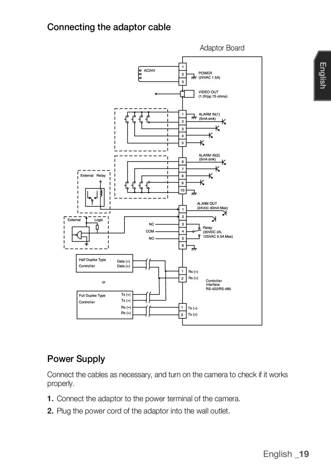 Samsung SCC-C6453P manual Connecting the adaptor cable, Power Supply, Adaptor Board 