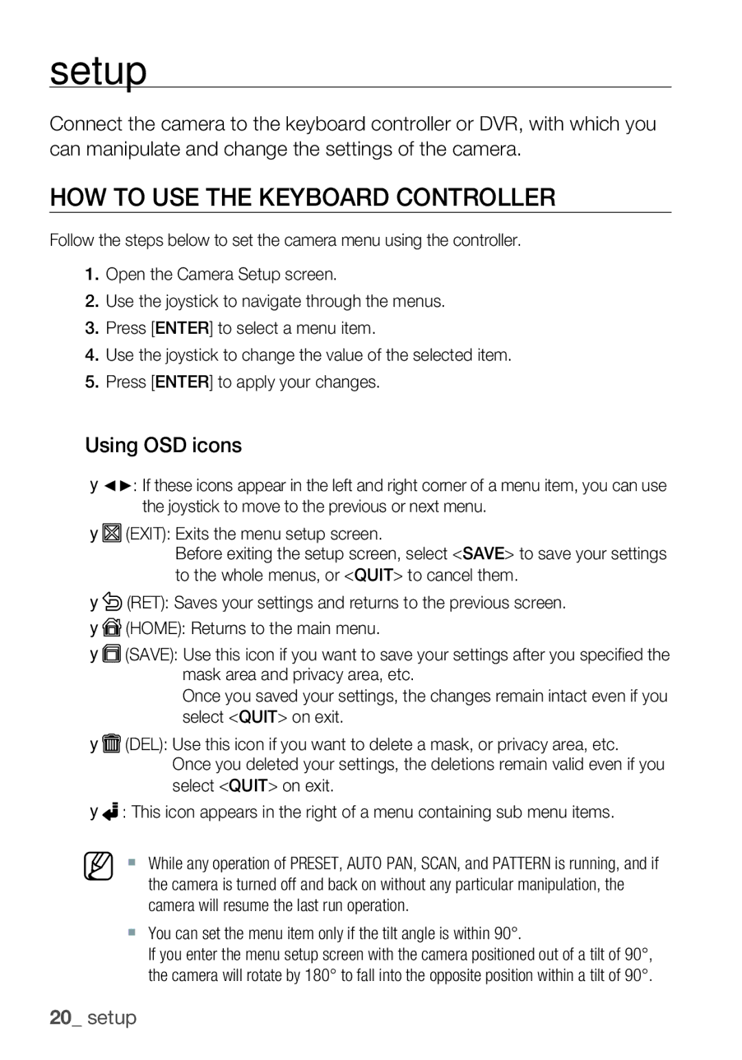 Samsung SCC-C6453P manual Setup, HOW to USE the Keyboard Controller, Using OSD icons 