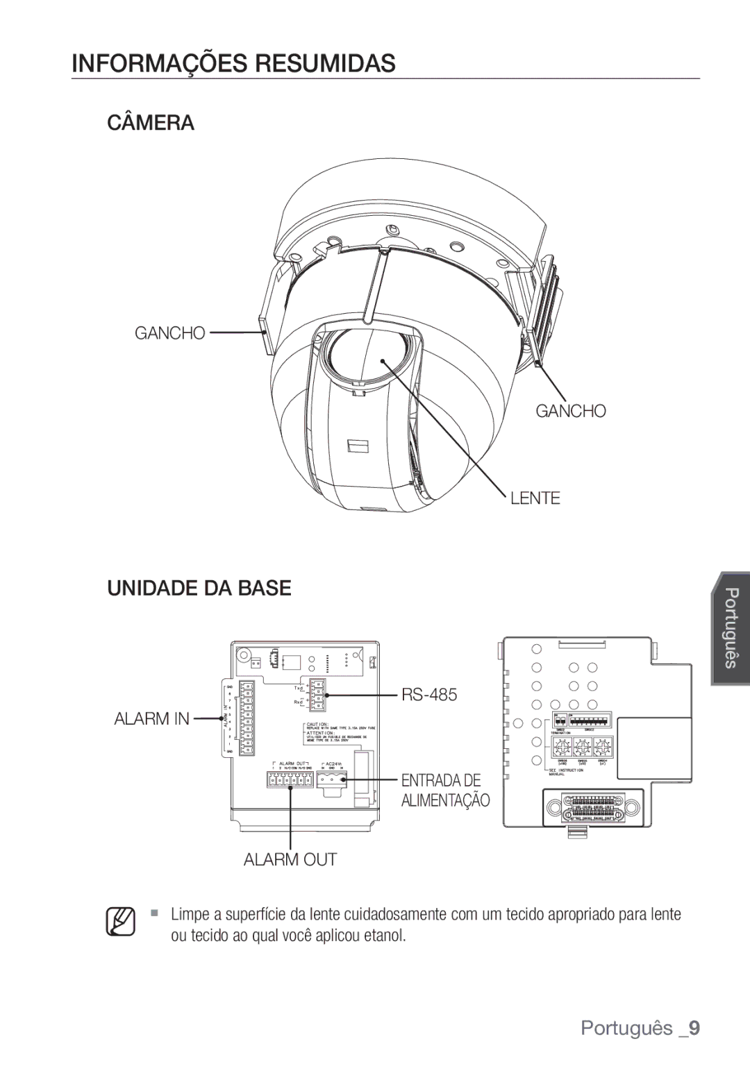 Samsung SCC-C6453P Informações Resumidas, Câmera, Unidade DA Base, Gancho Lente, Alarm Entrada DE Alimentação Alarm OUT 