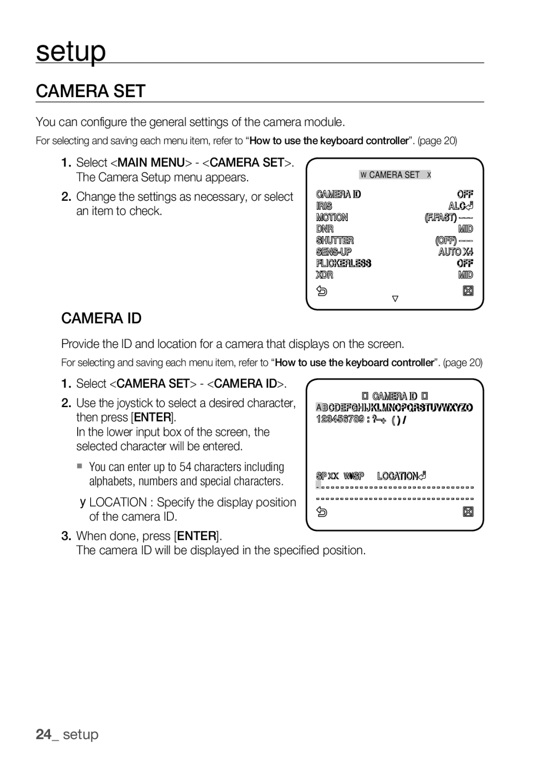 Samsung SCC-C6453P manual Camera SET, Camera ID, You can configure the general settings of the camera module 