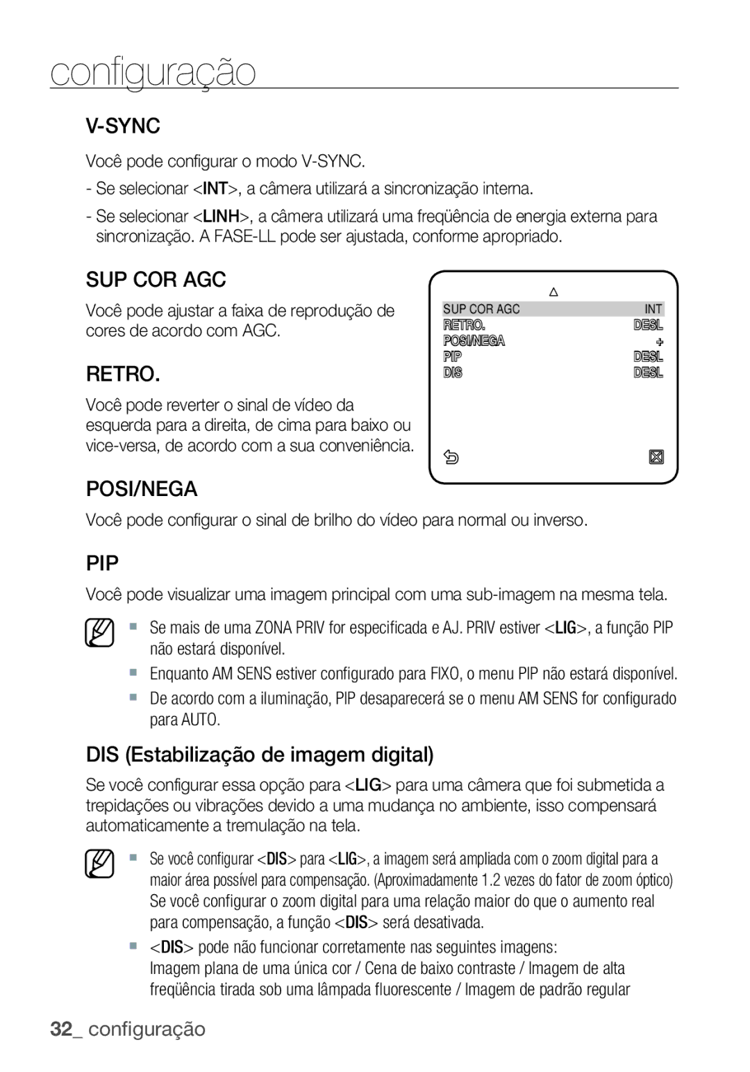 Samsung SCC-C6453P manual Sup Cor Agc, DIS Estabilização de imagem digital 