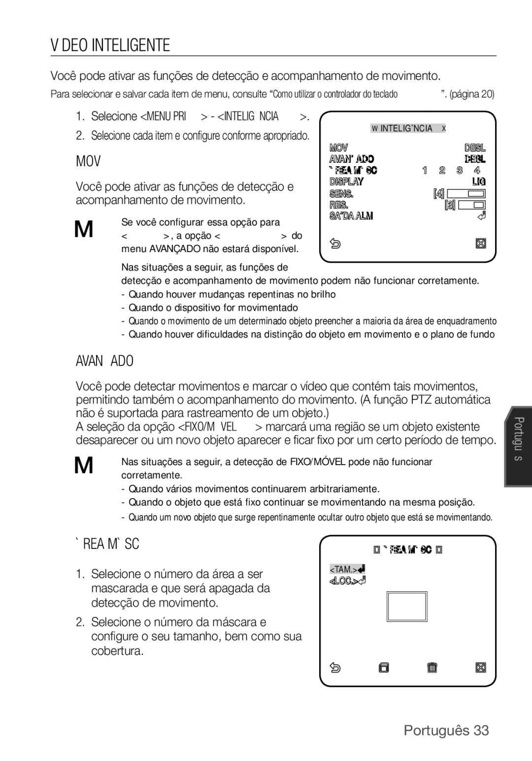 Samsung SCC-C6453P manual Vídeo Inteligente, Avançado, Área Másc,  Nas situações a seguir, as funções de 