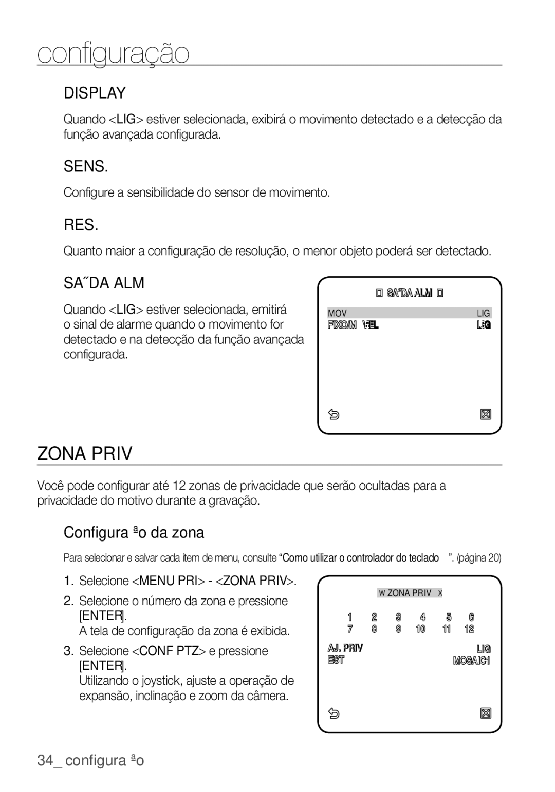 Samsung SCC-C6453P manual Saída ALM, Configuração da zona, Configure a sensibilidade do sensor de movimento 