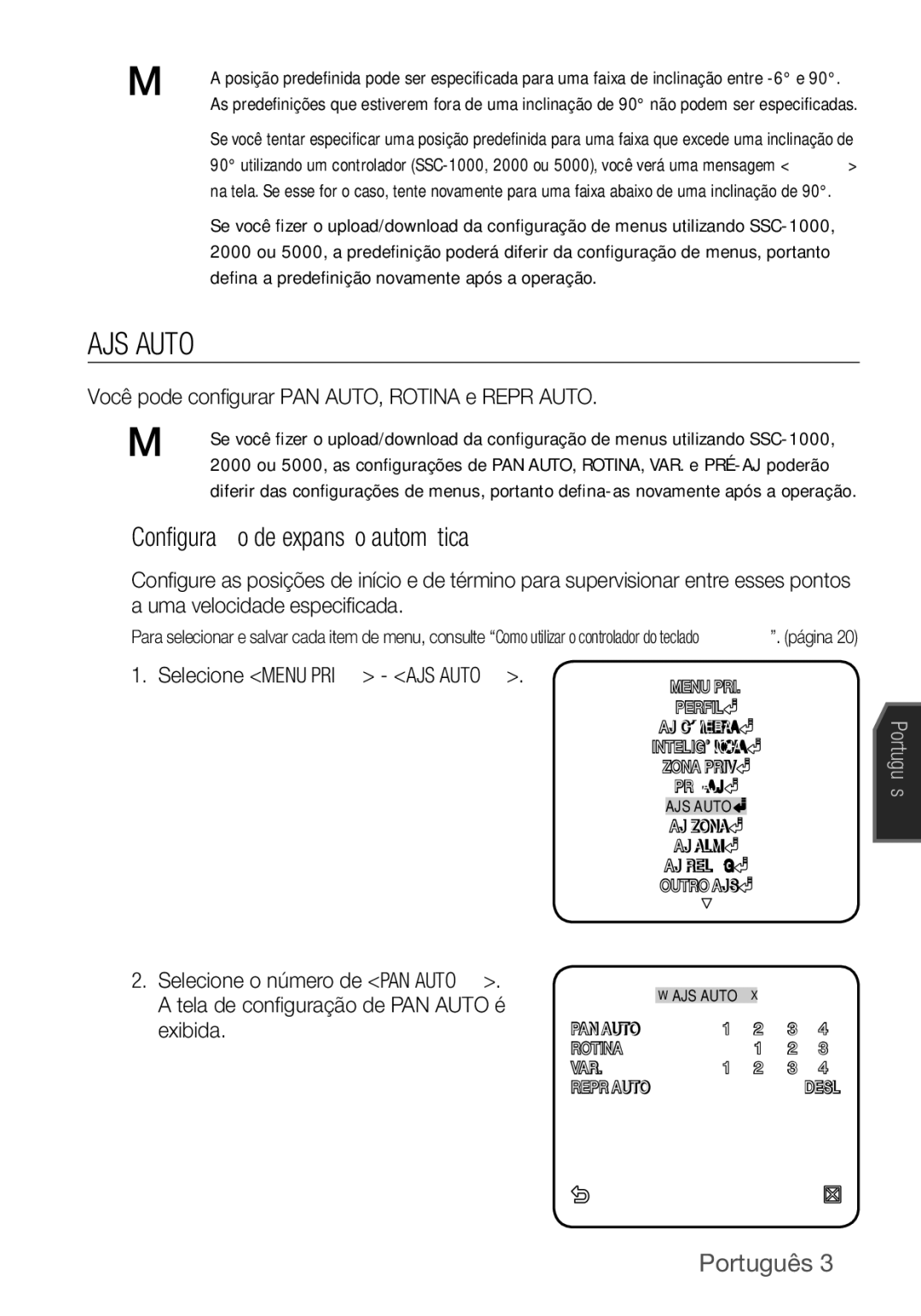 Samsung SCC-C6453P manual AJS Auto, Configuração de expansão automática, Você pode configurar PAN AUTO, Rotina e Repr Auto 