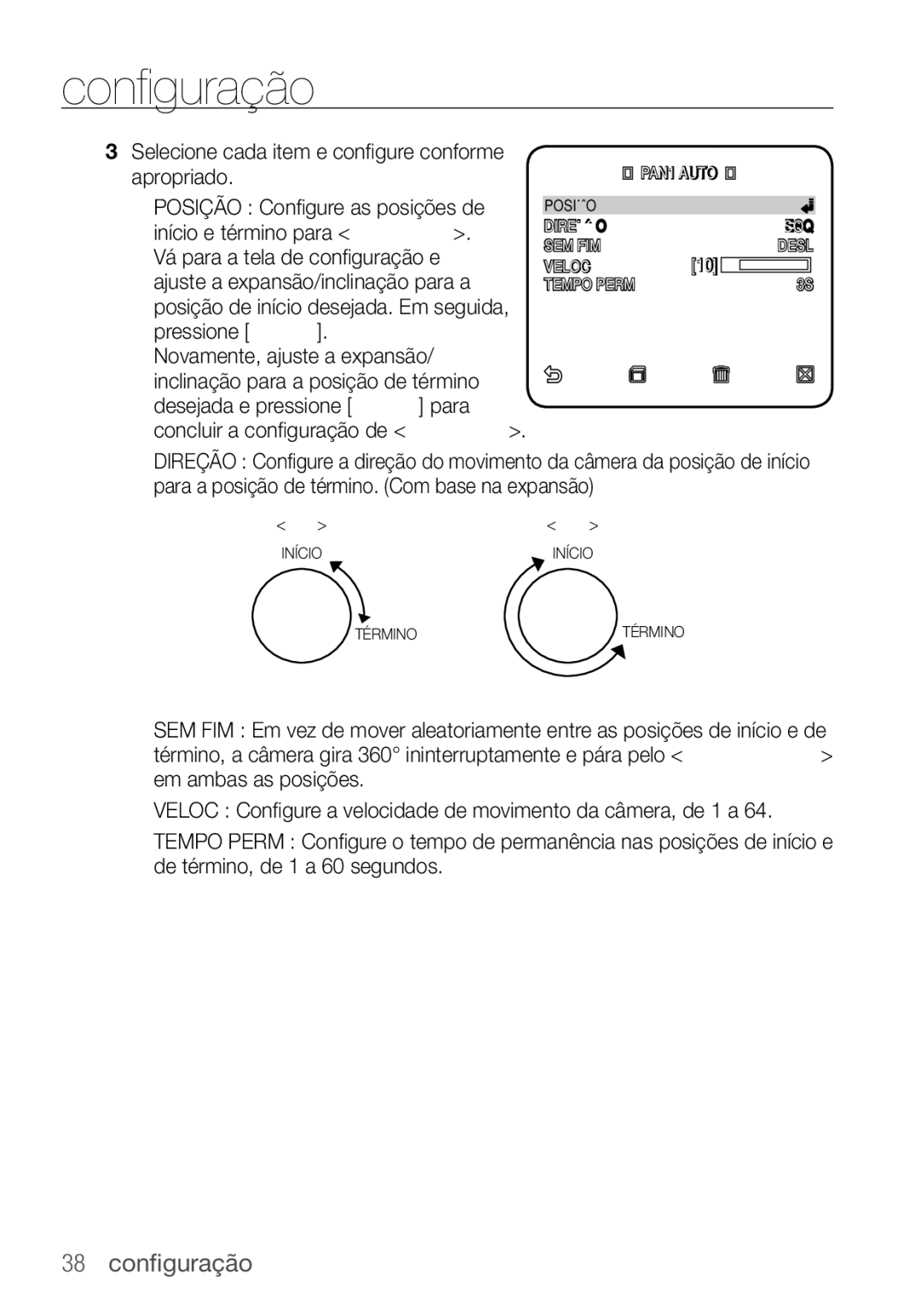 Samsung SCC-C6453P manual Selecione cada item e conﬁ gure conforme apropriado 