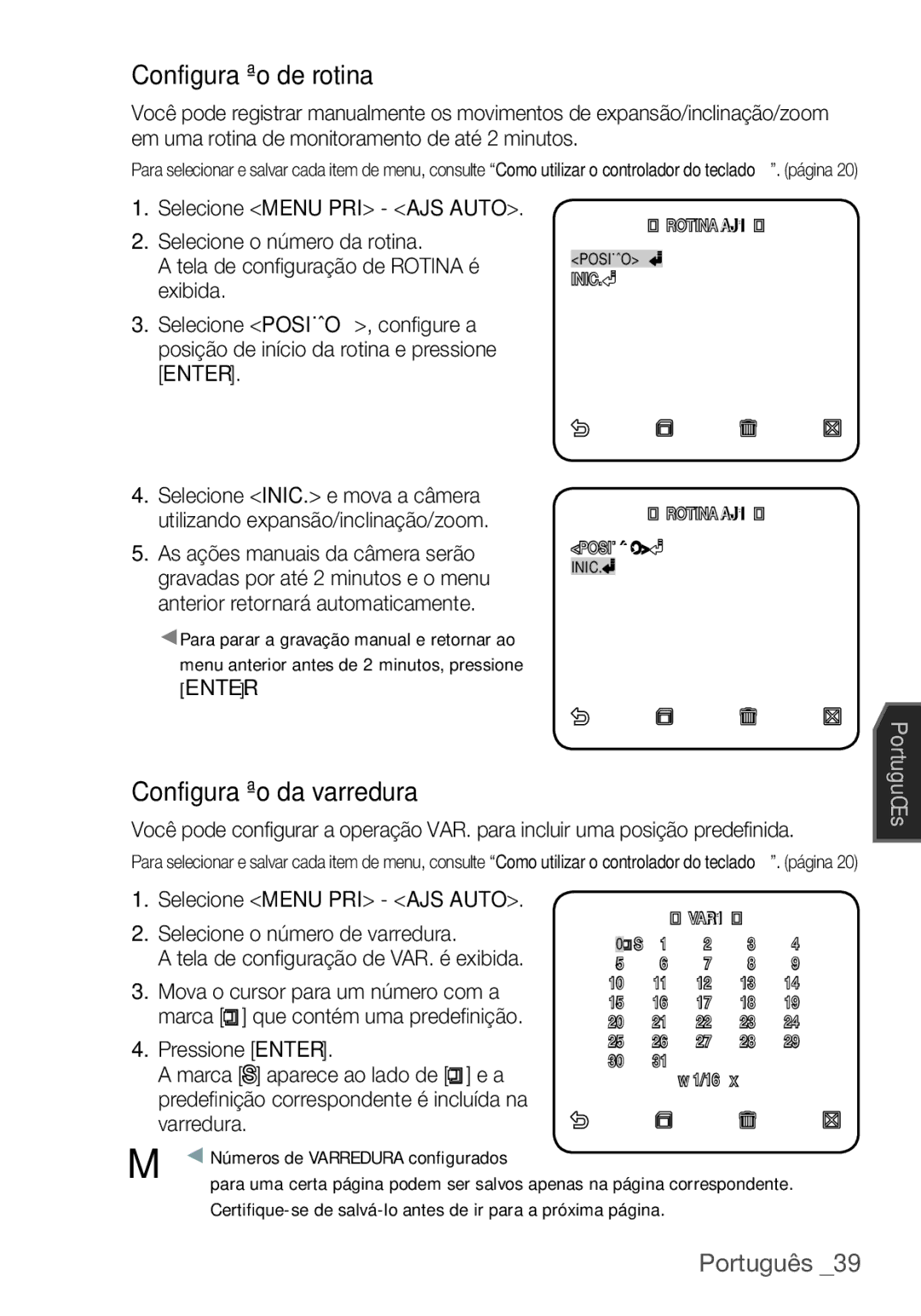 Samsung SCC-C6453P manual Configuração de rotina, Configuração da varredura,  Números de Varredura conﬁgurados 