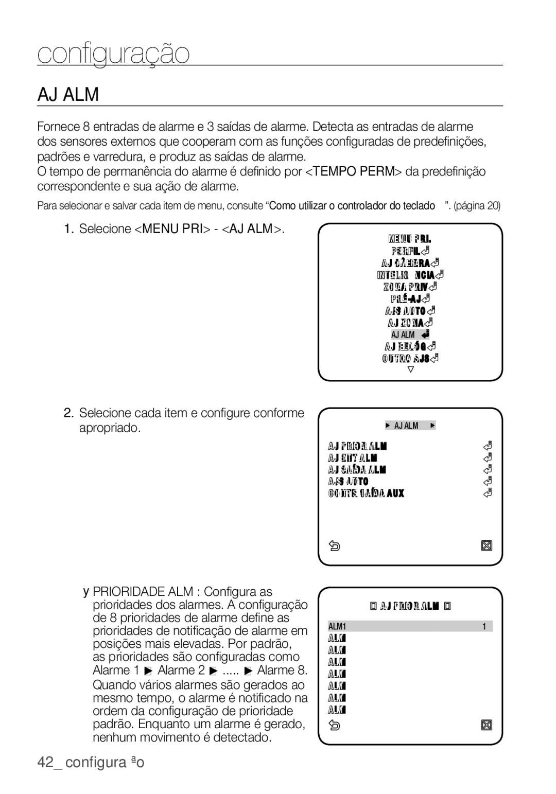 Samsung SCC-C6453P manual Aj Alm, Selecione Menu PRI AJ ALM 