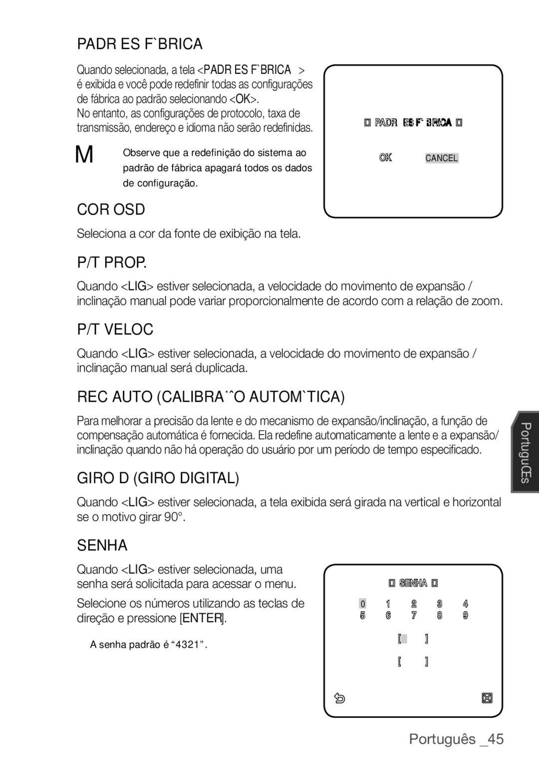 Samsung SCC-C6453P manual Padrões Fábrica, Cor Osd, Veloc, REC Auto Calibração Automática, Giro D Giro Digital, Senha 