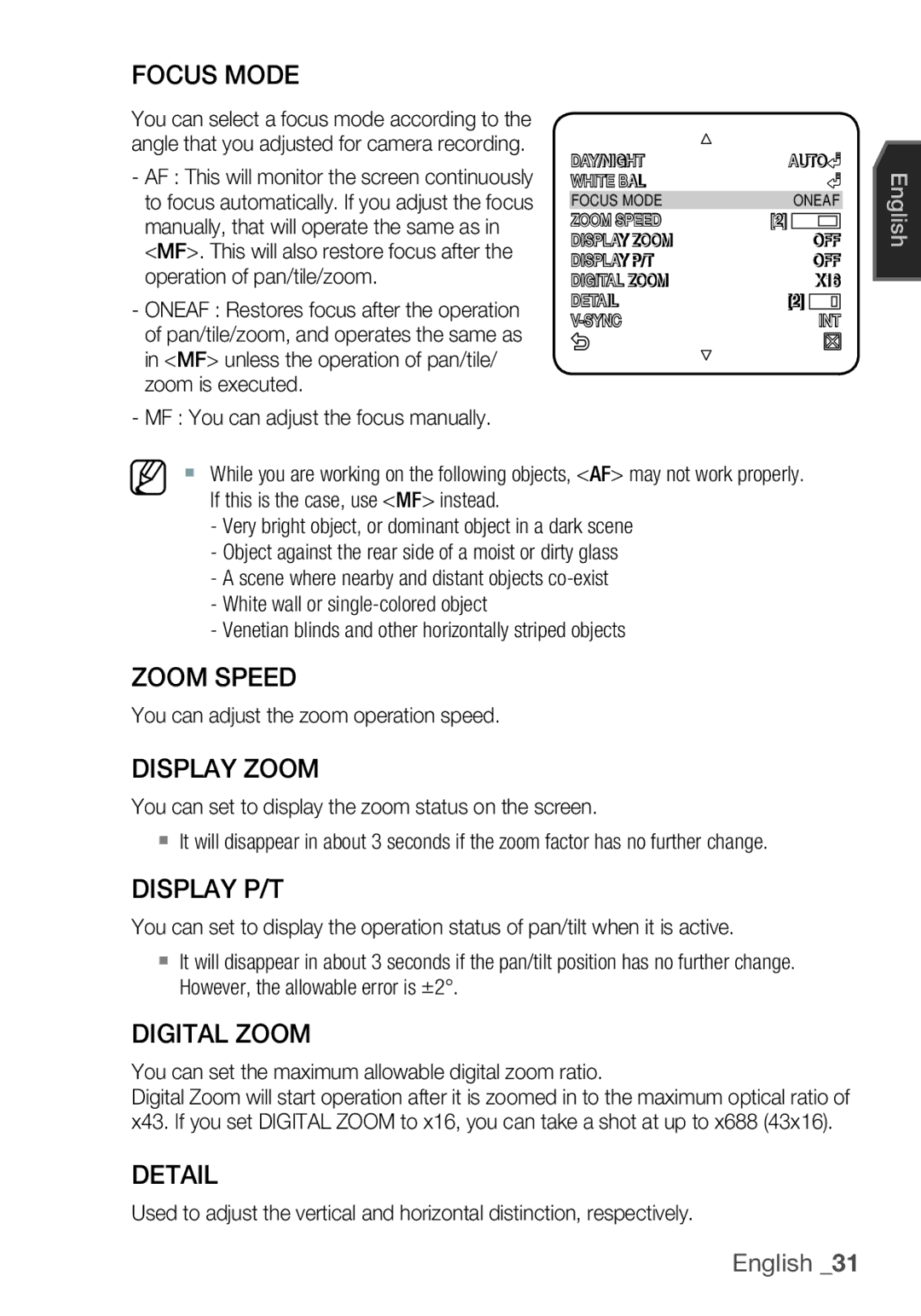 Samsung SCC-C6453P manual Focus Mode, Zoom Speed, Display Zoom, Display P/T, Digital Zoom, Detail 