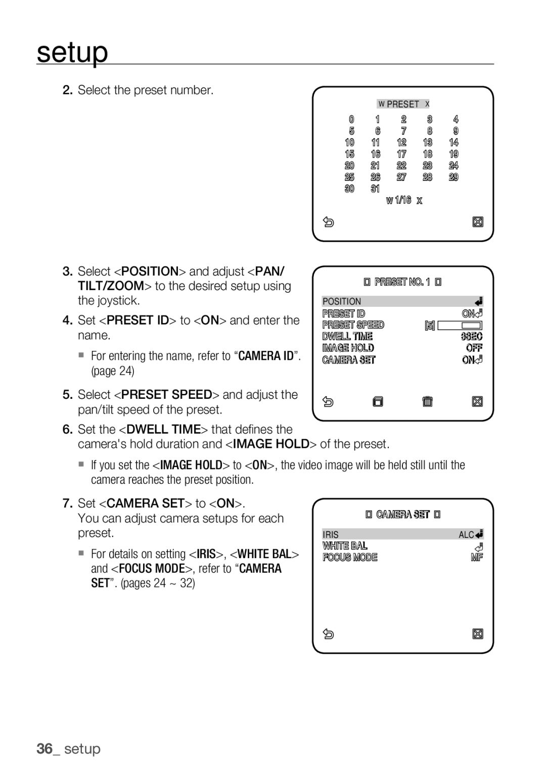 Samsung SCC-C6453P Select the preset number, Select Position and adjust PAN, TILT/ZOOM to the desired setup using Joystick 