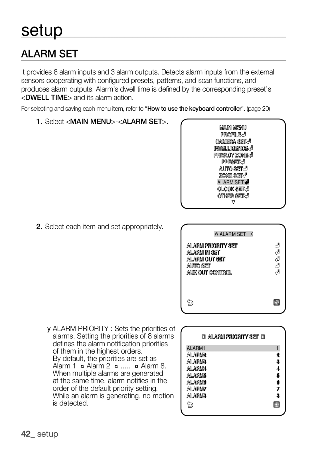 Samsung SCC-C6453P manual Alarm SET, Select Main MENU-ALARM SET 