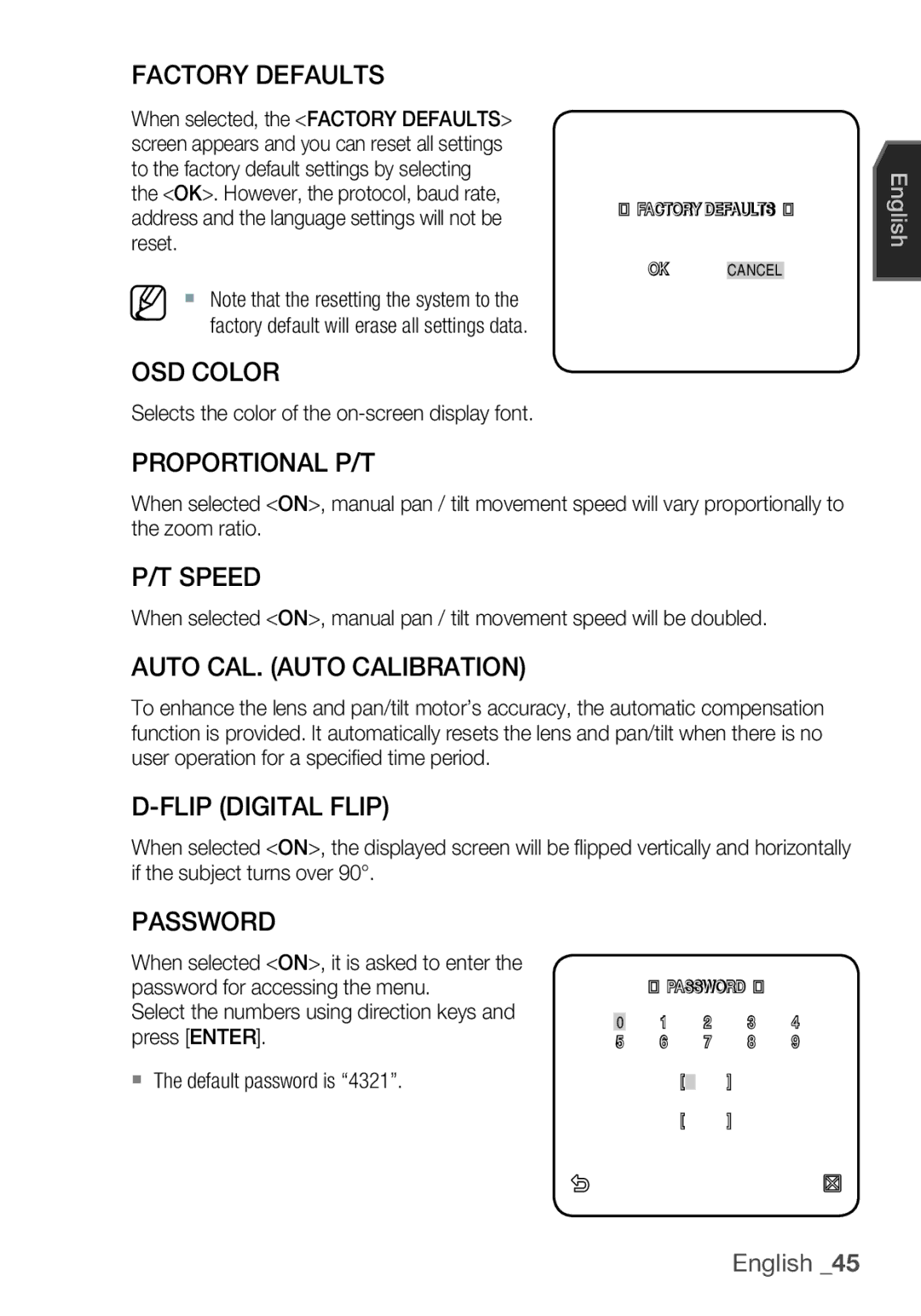 Samsung SCC-C6453P Factory Defaults, OSD Color, Proportional P/T, Speed, Auto CAL. Auto Calibration, Flip Digital Flip 