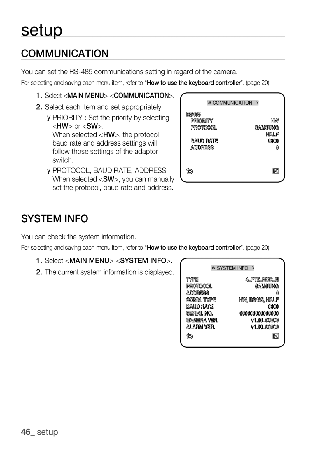 Samsung SCC-C6453P manual Communication, System Info, You can check the system information, Select Main MENU-SYSTEM Info 