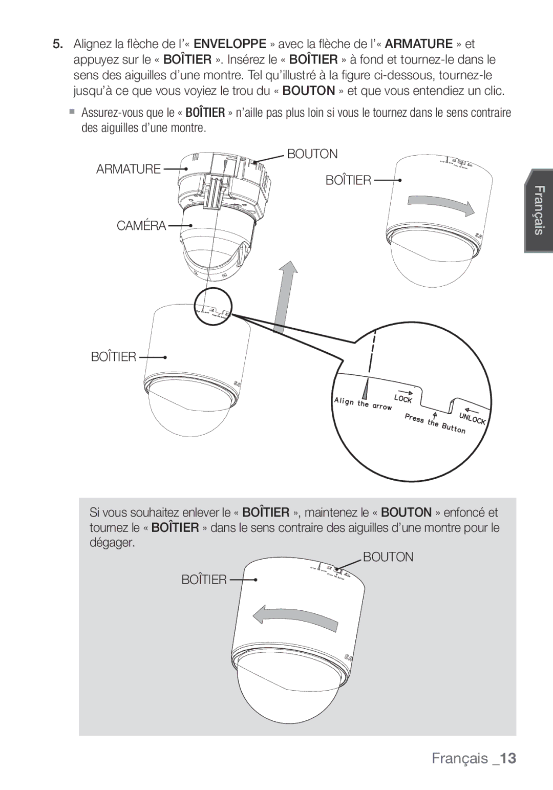 Samsung SCC-C6453P manual Bouton Armature Boîtier Caméra, Bouton Boîtier 