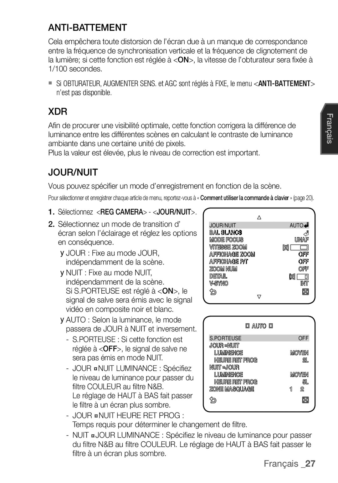 Samsung SCC-C6453P manual Anti-Battement, Jour/Nuit 