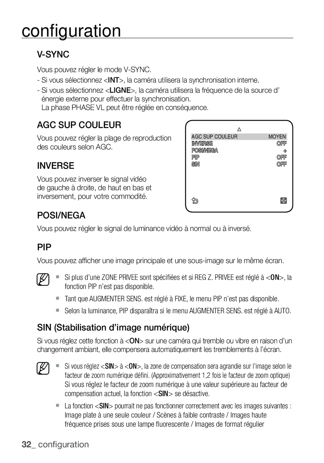 Samsung SCC-C6453P manual AGC SUP Couleur, Inverse, SIN Stabilisation d’image numérique 