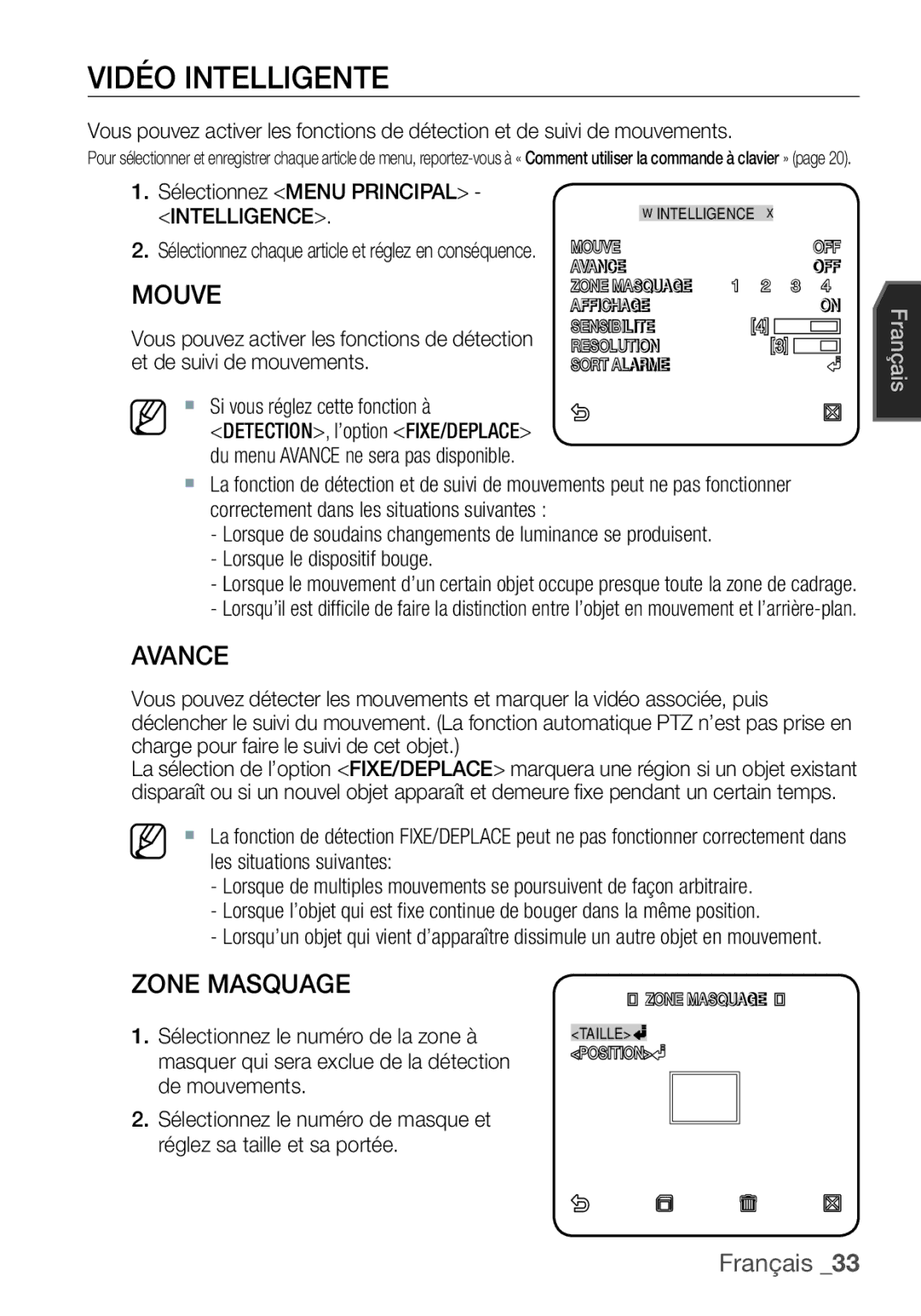 Samsung SCC-C6453P manual Vidéo Intelligente, Avance, Zone Masquage 