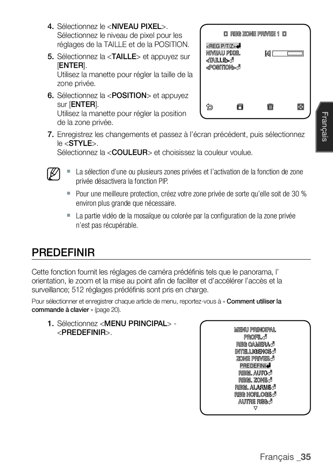 Samsung SCC-C6453P manual Predefinir, Sélectionnez Menu Principal 