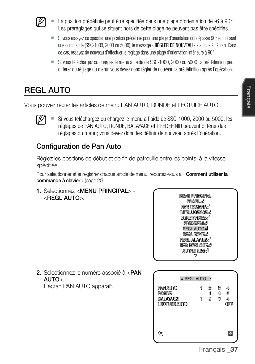 Samsung SCC-C6453P manual Regl Auto, Configuration de Pan Auto 