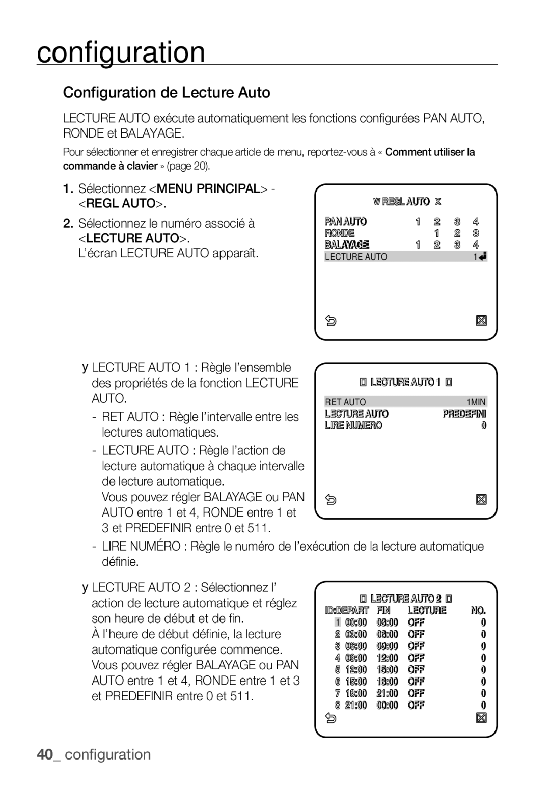 Samsung SCC-C6453P manual Configuration de Lecture Auto, Sélectionnez le numéro associé à, ’écran Lecture Auto apparaît 