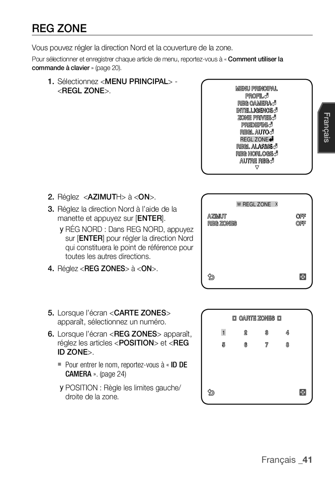 Samsung SCC-C6453P manual Réglez Azimuth à on, Réglez REG Zones à on 