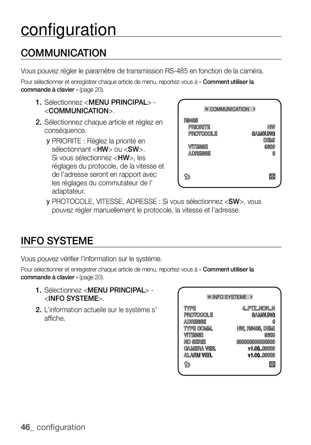 Samsung SCC-C6453P manual Info Systeme, Communication, Vous pouvez vérifier l’information sur le système 