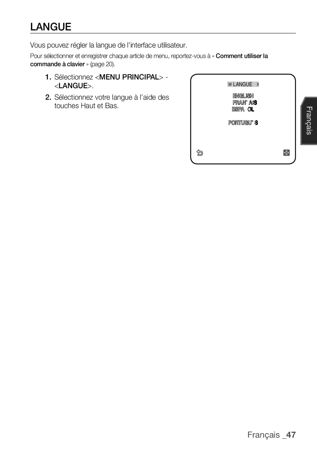 Samsung SCC-C6453P manual Langue, Vous pouvez régler la langue de l’interface utilisateur 