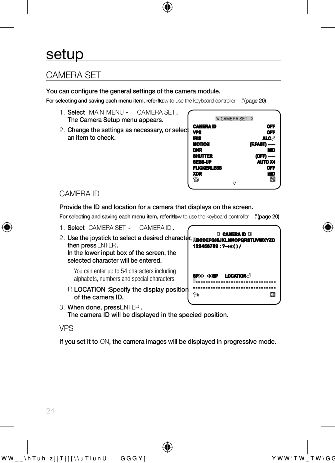 Samsung SCC-C6455N user manual Camera SET, Camera ID, Vps, You can configure the general settings of the camera module 