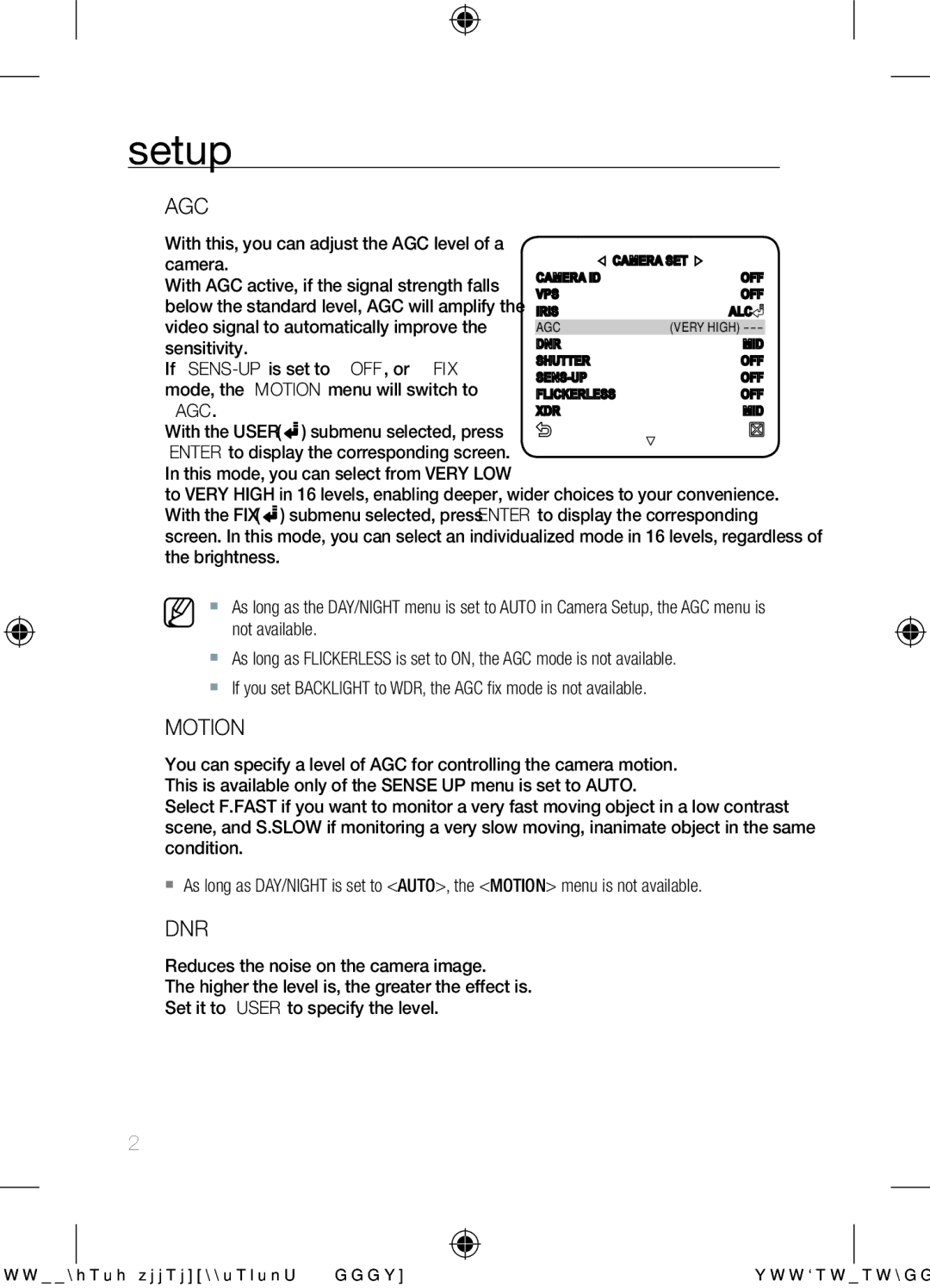 Samsung SCC-C6455N user manual Agc, Motion, Dnr, With this, you can adjust the AGC level of a 