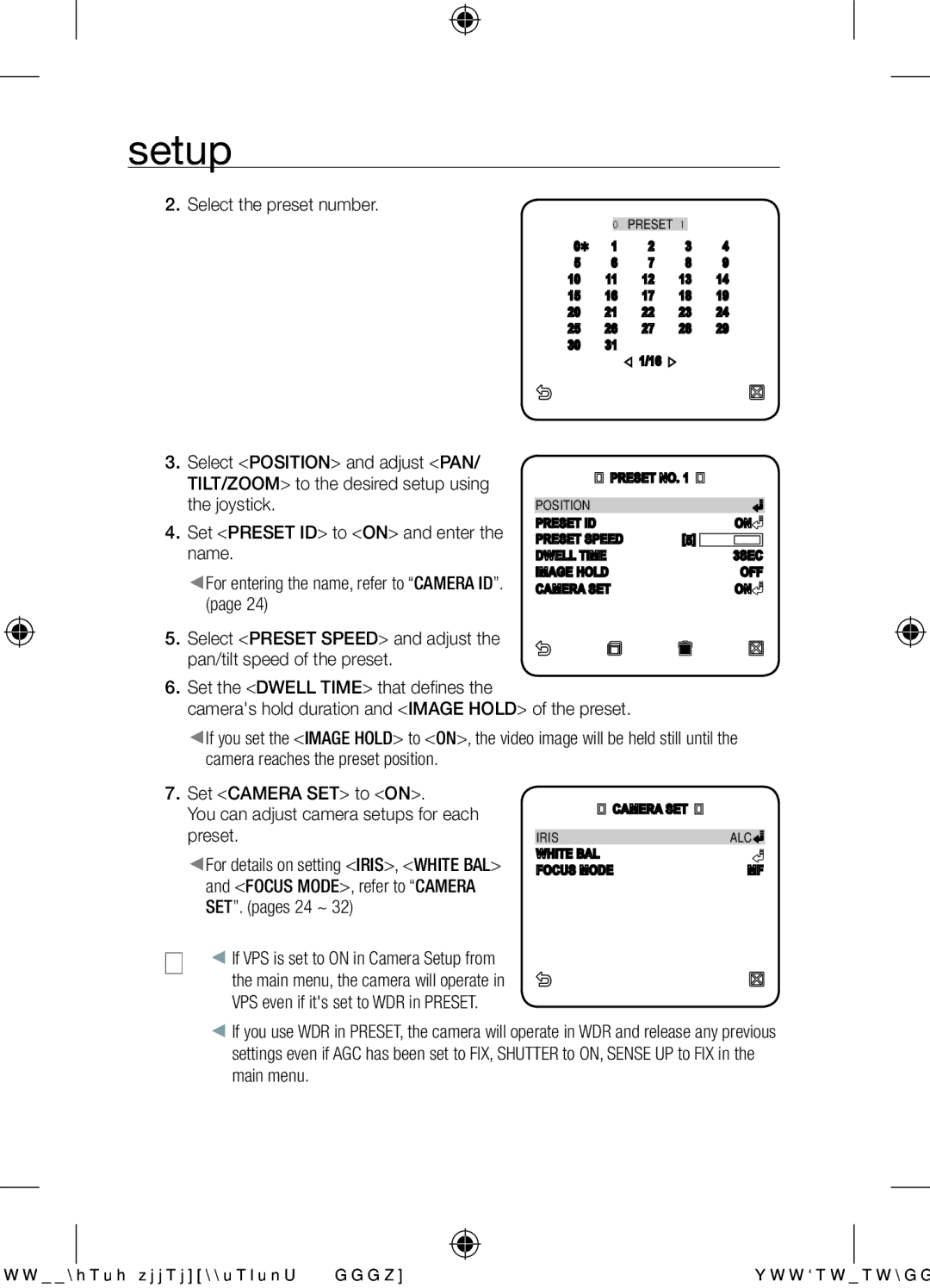 Samsung SCC-C6455N user manual Select the preset number, Select Position and adjust PAN, SET. pages 24 ~ 