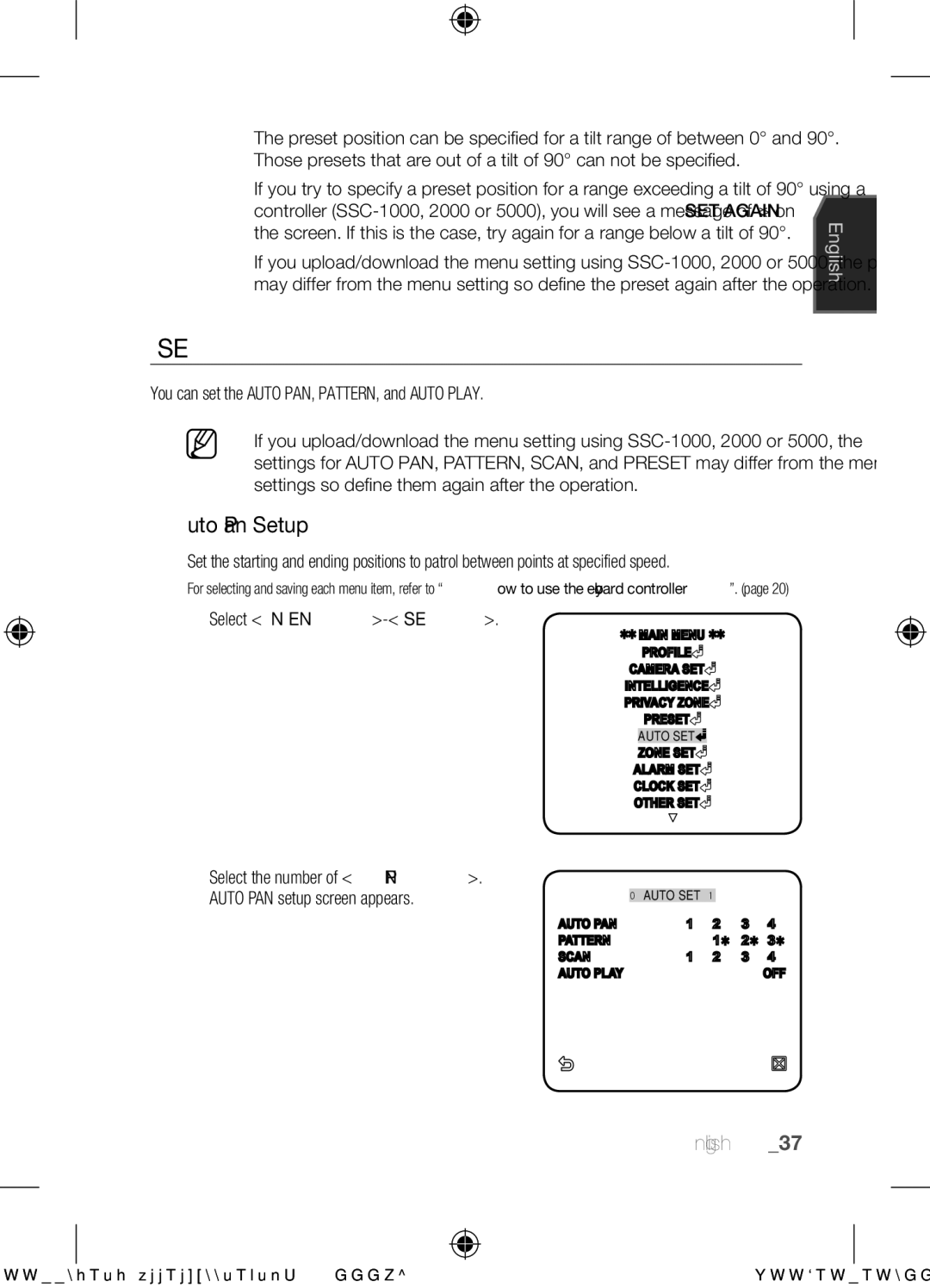 Samsung SCC-C6455N Auto SET, Auto Pan Setup, You can set the Auto PAN, PATTERN, and Auto Play, Select Main MENU-AUTO SET 