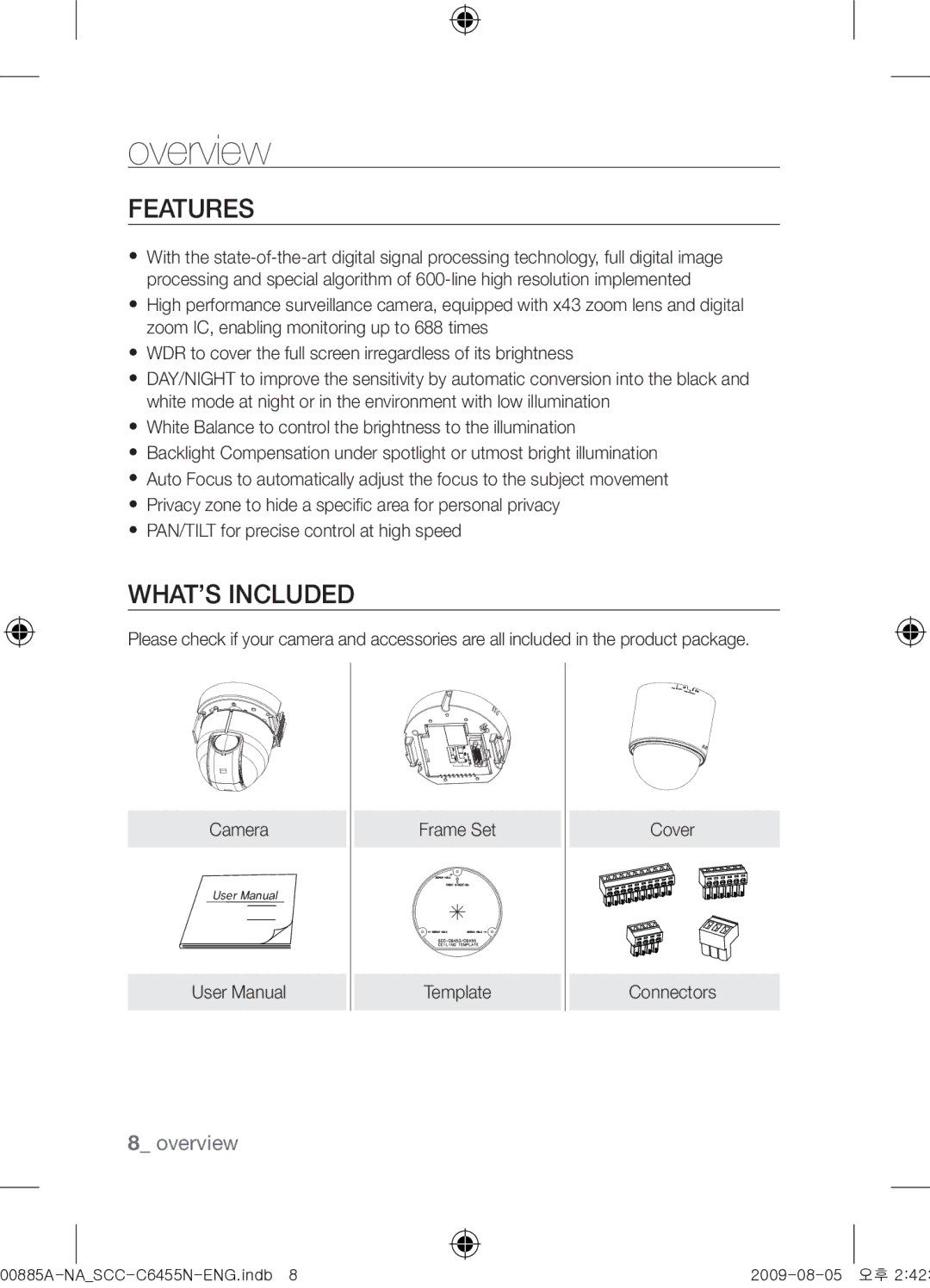 Samsung SCC-C6455N user manual Features, What’s Included 