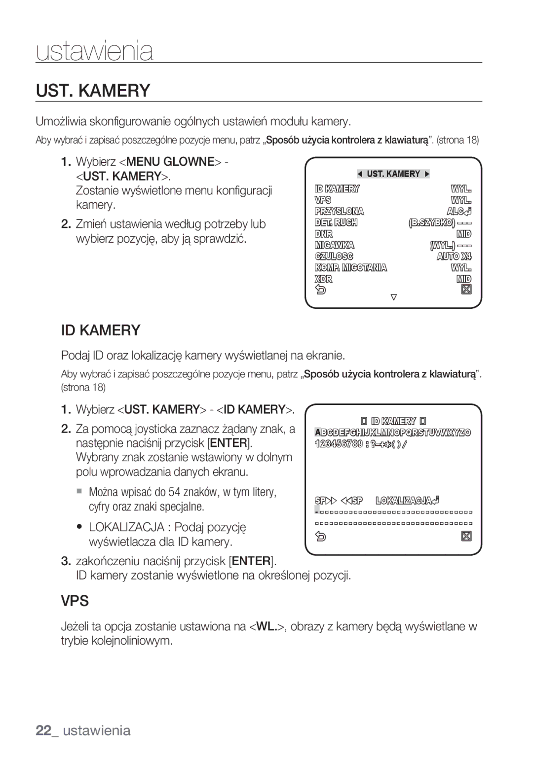 Samsung SCC-C6455P manual UST. Kamery, ID Kamery, Umożliwia skonfigurowanie ogólnych ustawień modułu kamery 