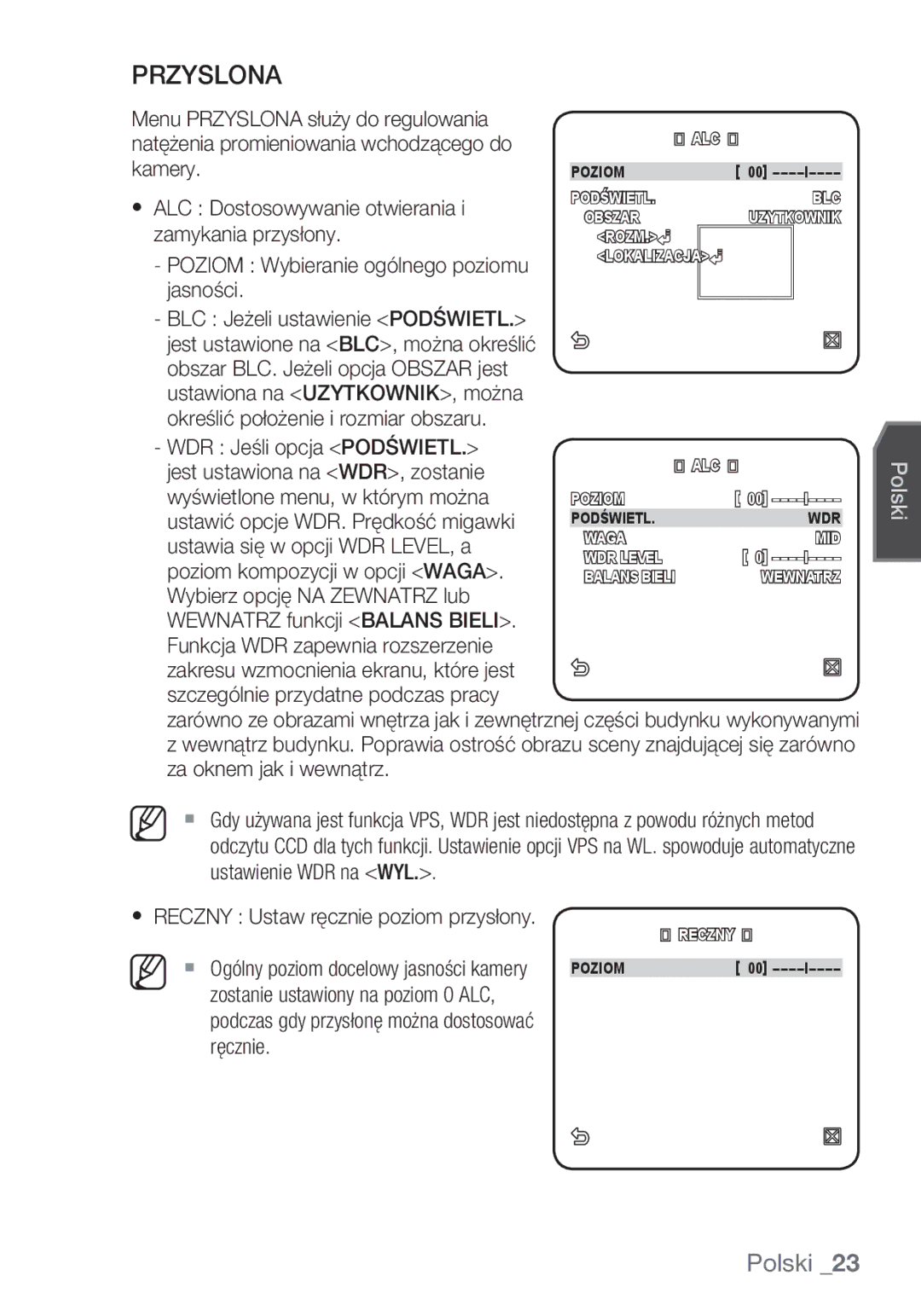 Samsung SCC-C6455P manual Przyslona 