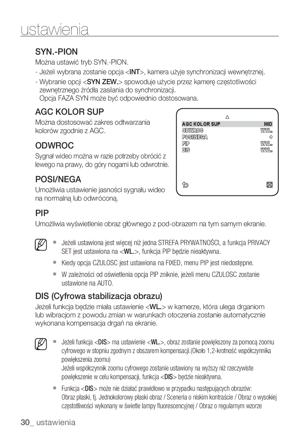 Samsung SCC-C6455P manual Syn.-Pion, AGC Kolor SUP, Odwroc, DIS Cyfrowa stabilizacja obrazu 