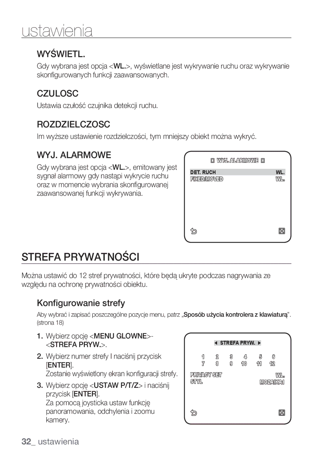 Samsung SCC-C6455P manual Strefa Prywatności, Wyświetl, Rozdzielczosc, WYJ. Alarmowe, Konfigurowanie strefy 