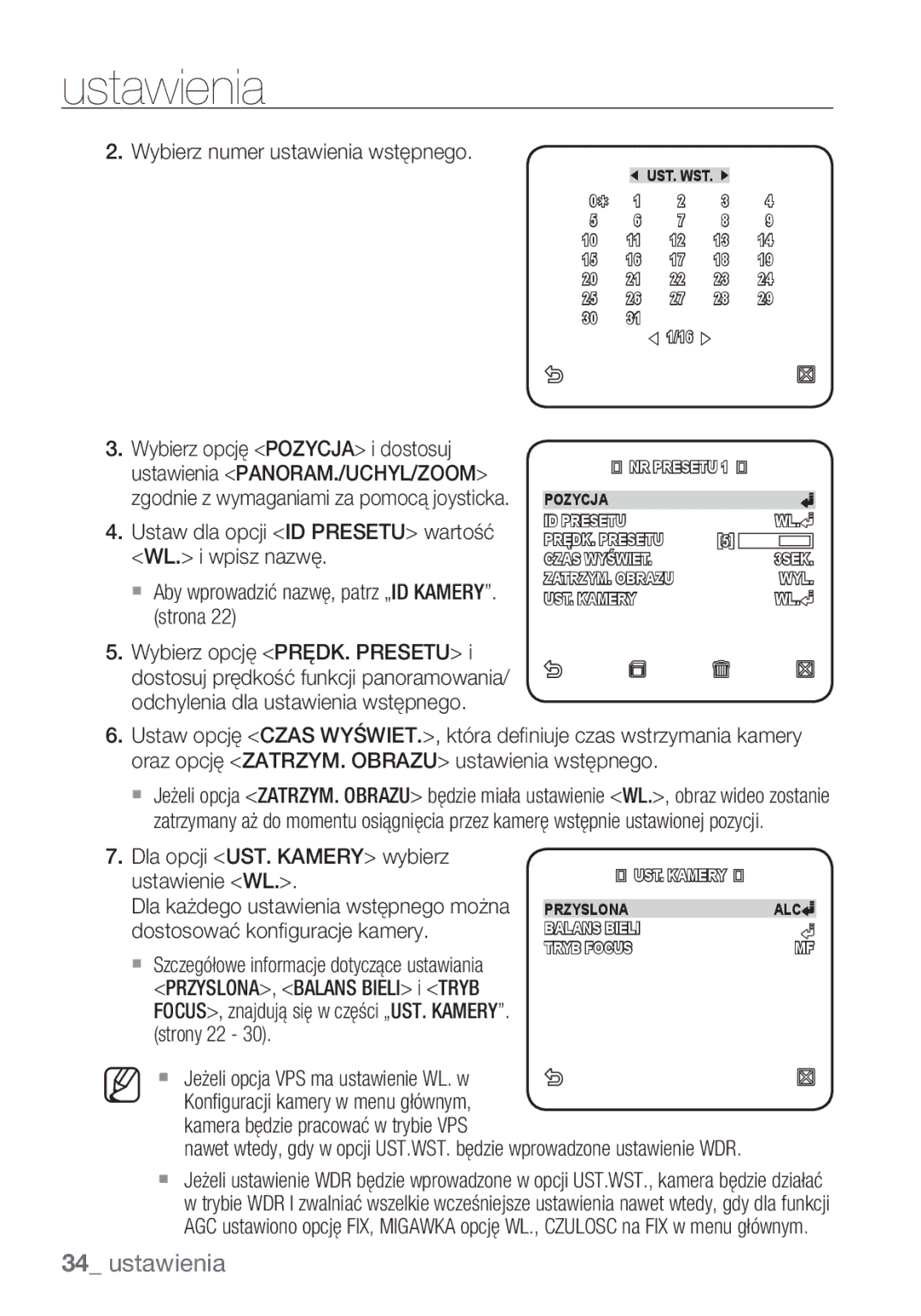 Samsung SCC-C6455P manual Wybierz numer ustawienia wstępnego, Dla opcji UST. Kamery wybierz ustawienie WL 