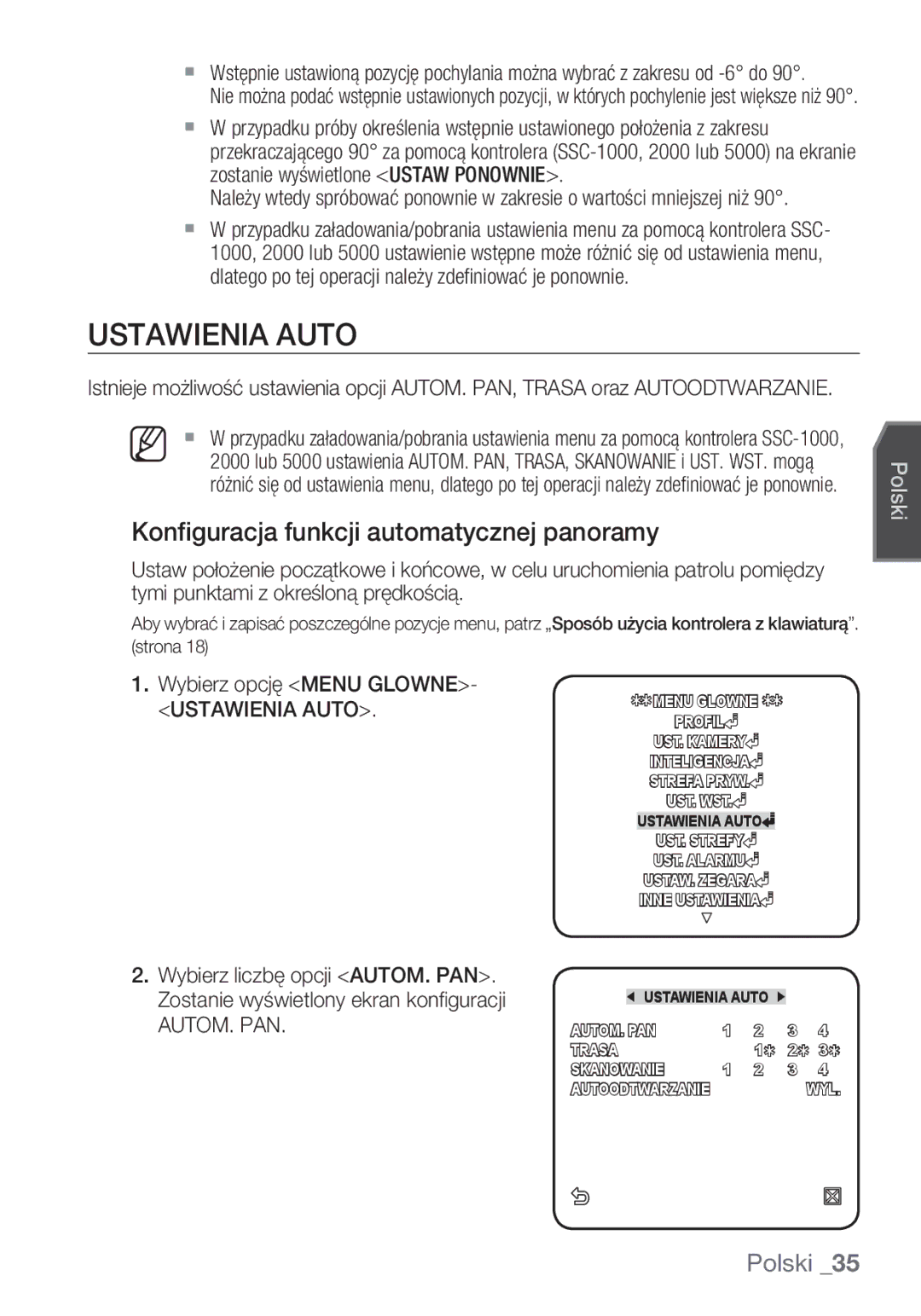 Samsung SCC-C6455P manual Ustawienia Auto, Konfiguracja funkcji automatycznej panoramy, Wybierz opcję Menu Glowne 