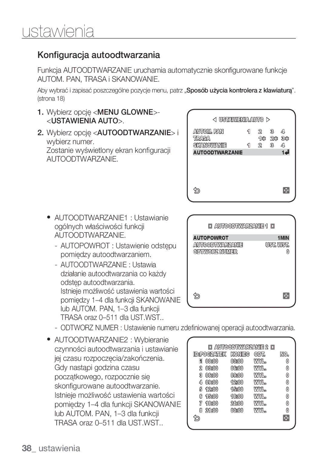 Samsung SCC-C6455P manual Konfiguracja autoodtwarzania, Autoodtwarzanie 