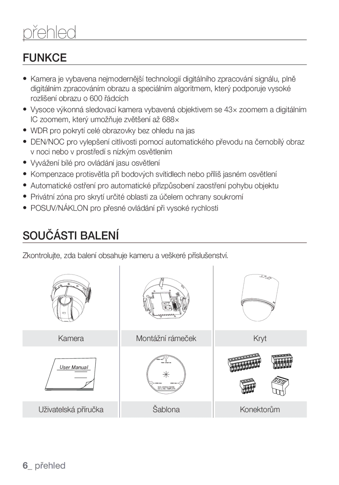 Samsung SCC-C6455P manual Funkce, Součásti Balení 