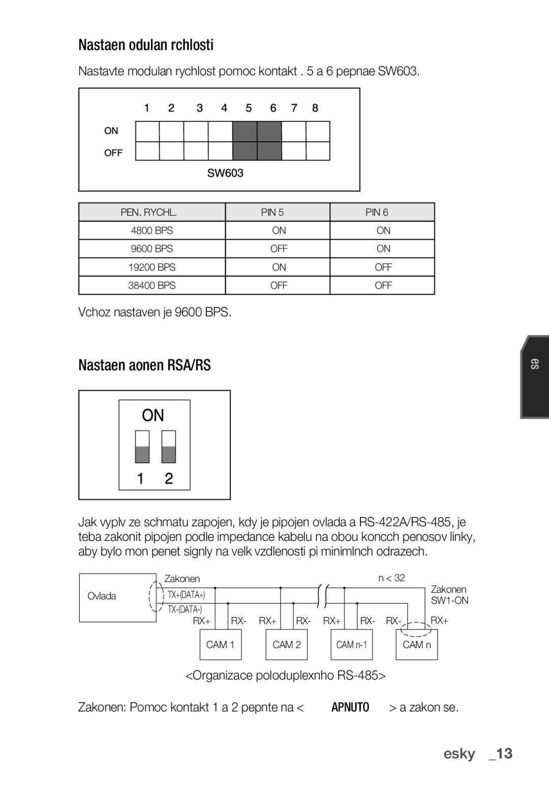 Samsung SCC-C6455P manual Nastavení modulační rychlosti, Nastavení zakončení RS-422A/RS-485, Výchozí nastavení je 9600 BPS 