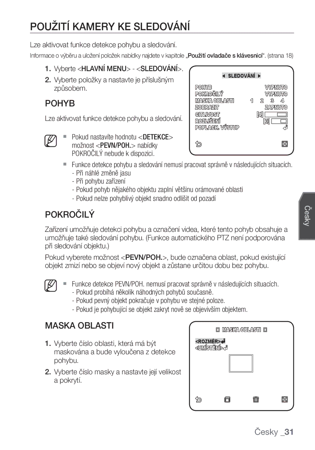 Samsung SCC-C6455P manual Použití Kamery KE Sledování, Pokročilý, Maska Oblasti 